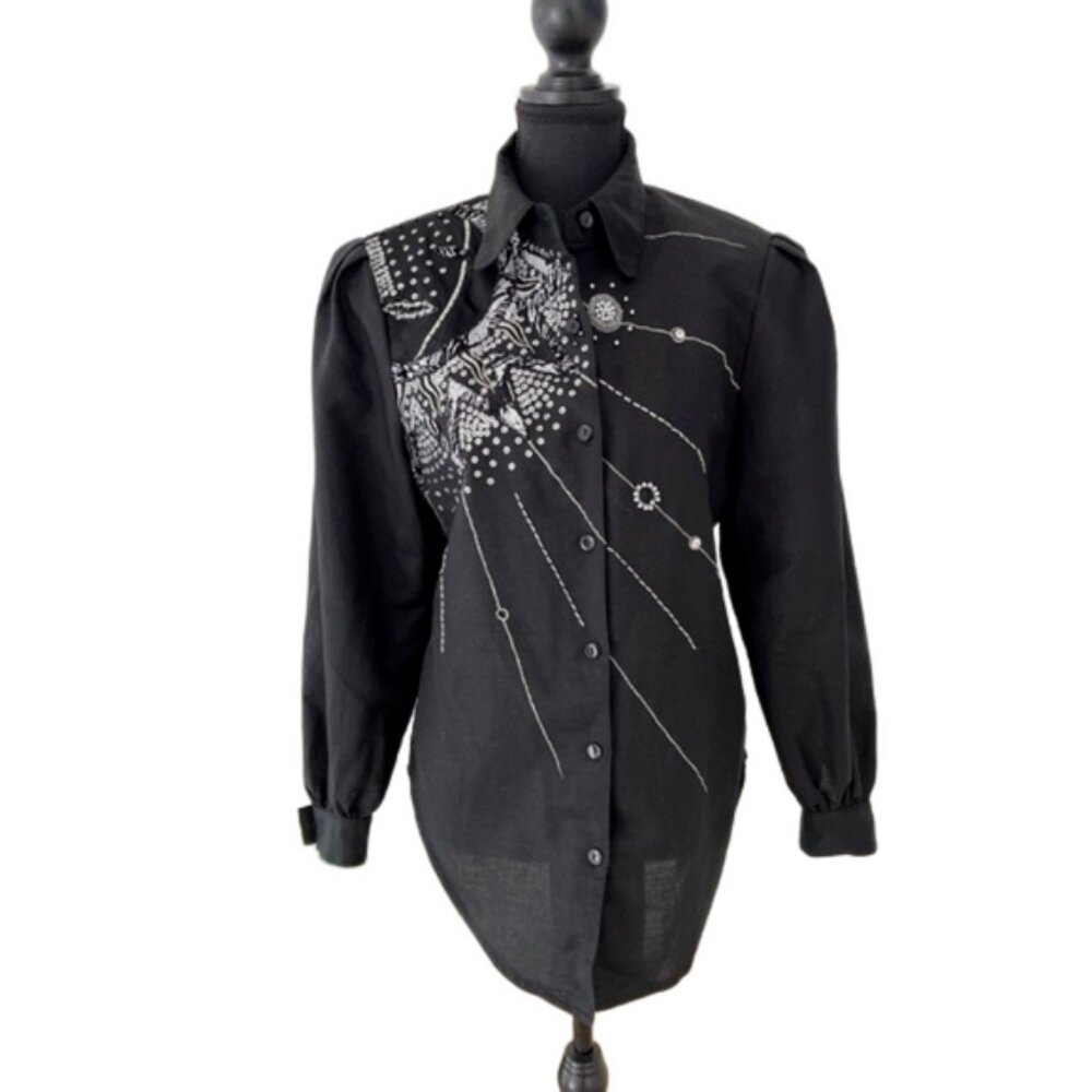 TOP TOPS Vintage Embellished Black Button Front Blouse Sequins Beads 80 s Vibes